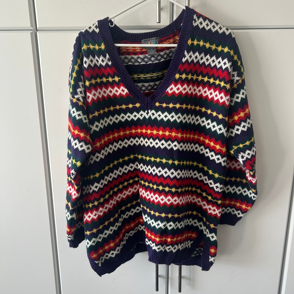 Paris Sport Club Vintage Fair Isle V-Neck Sweater Multi-Color Ramie Cotton Large